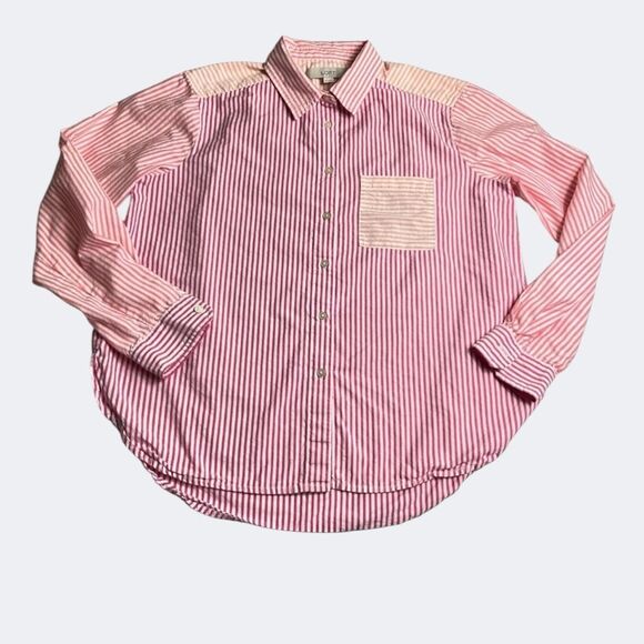 LOFT Colorblock Stripe Button Shirt Peach Long Sleeve Preppy Relaxed Fit Top S - Picture 2 of 11
